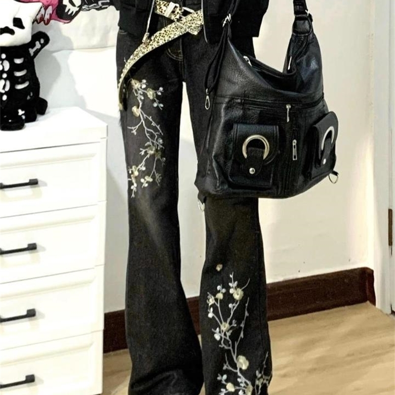 American fashion trend embroidery micro flash jeans millennium retro girl ultra-thin fit micro flash jeans Harajuku Y2k Trouser 250224
