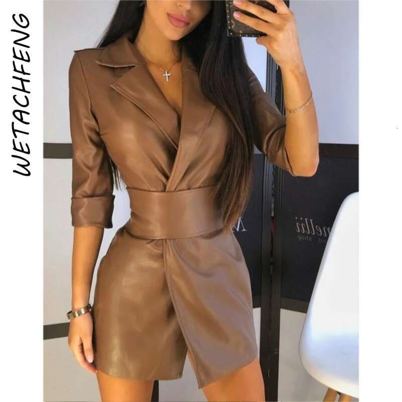 Dresses Sexy V Neck Long Sleeve Sashes Mini Party Night Elegant PU Leather Solid Dress Winter Autumn Coats Women Clothes
