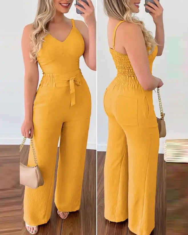 Summer Woman Long Jumpsuits Elegant Sexy V-Neck Shirred Cami Top High Waist Pants Set Fashion Casual One Pieces 250303
