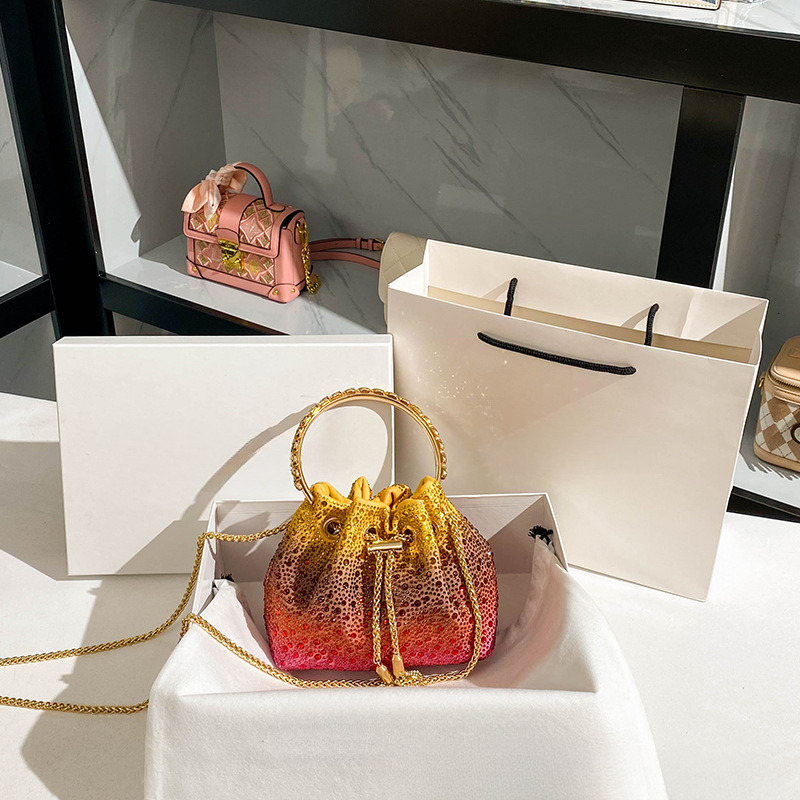 Free Shipping New Designer Bag Gradient Volcano Color Bucket Shiny Rhinestone Women's Bag High Beauty Handbag Wallet Glitter Chain Bag