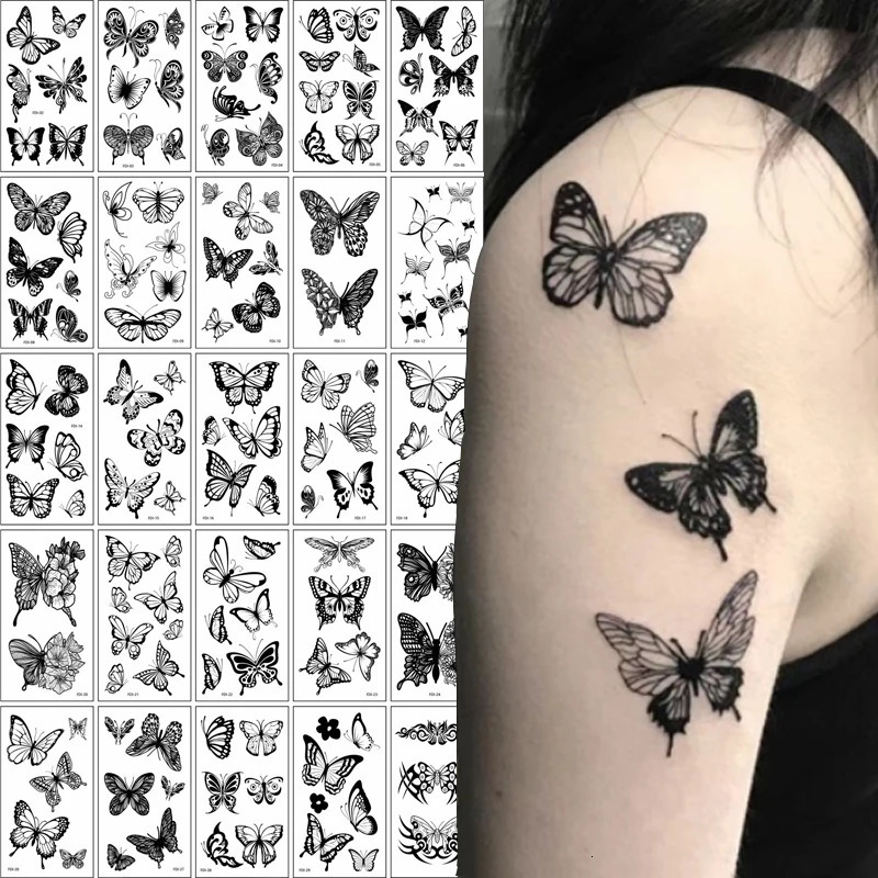 30 Sheets Butterfly Transfer Tattoos Sticker Waterproof Disposable Temporary Tattoo Women Men Hand Body Decoration 250219