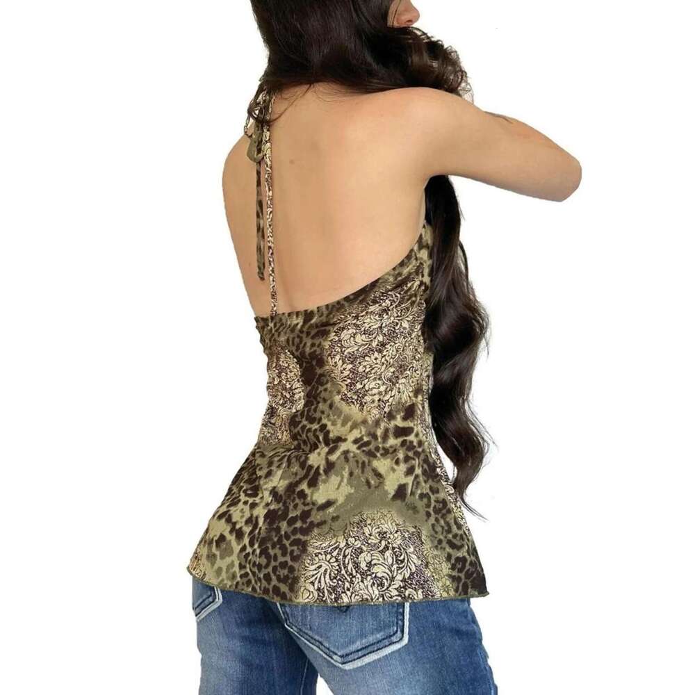 Vintage Halter Rockmore Neck Leopard Slip Top Summer Ruffled Hem Camis Vest Women's Fashion Tank Tops Aesthetic Chic Y2k Clothes