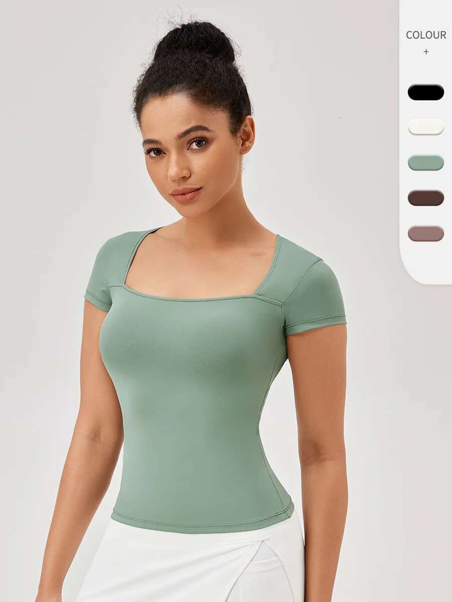 Women's Necke Sports Short-Sleeved Slimming Tight Quick Dry Running Fiess T-Shirt Naked Feeg Breathable Yoga Clothing