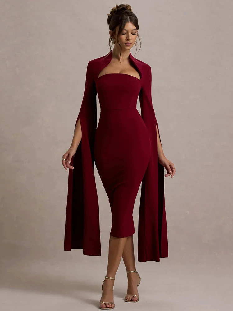 Mozision Cape Long Sleeve Sexy Midi Dress For Women Autumn Winter Square Collar Back Slit Bodycon Club Party Long Dress 250303