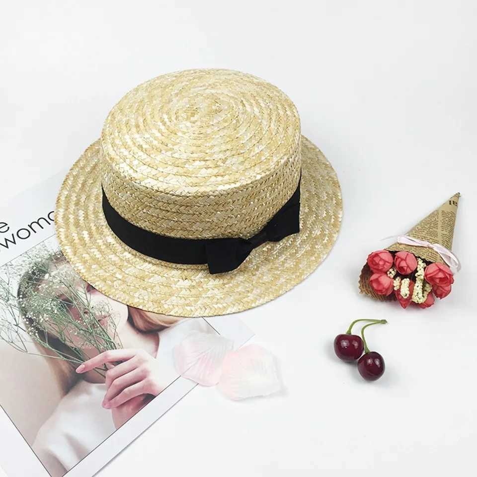 Kids girls nature sun hat Flat Bowler hat Wheat Str hat Boy Children women casual summer beach hat bow ribbob sunscreen hatsXJ250304