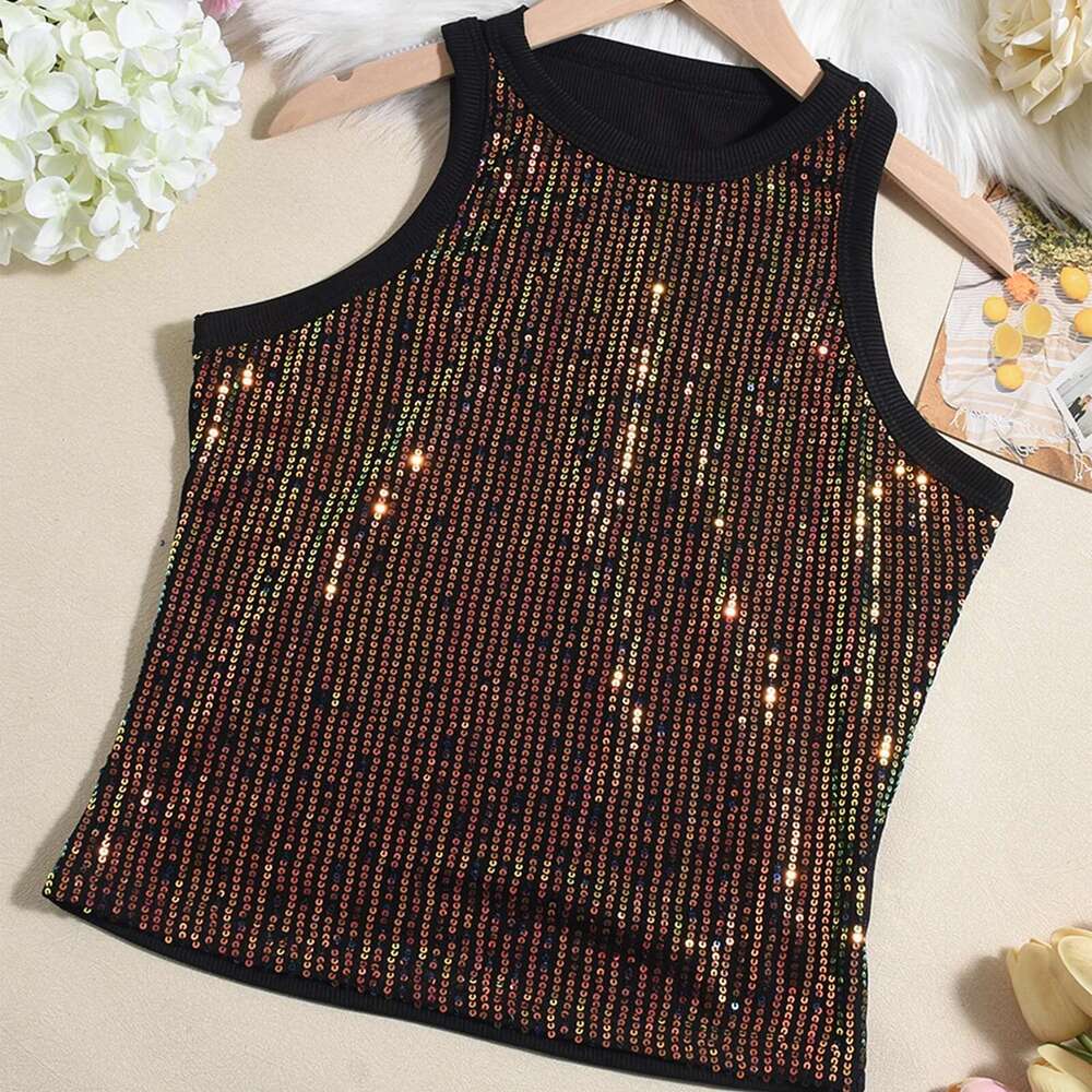 Sequin Camisole Summer Women Slim Fit Vest Sleeveless Round Neck Basic Elastic Tank Top Casual Tee Y2K Streetwear