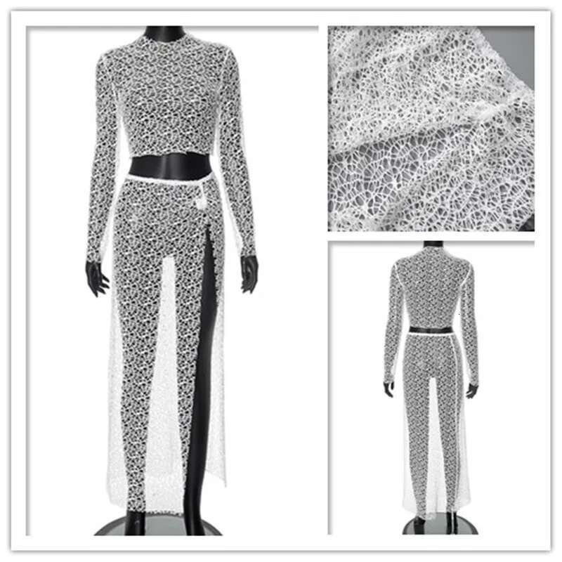 Avrilyaan Perspective Grid Sexy Two Sleeve Top Split Long Skirt Elegant Casual 2 Piece Women Set