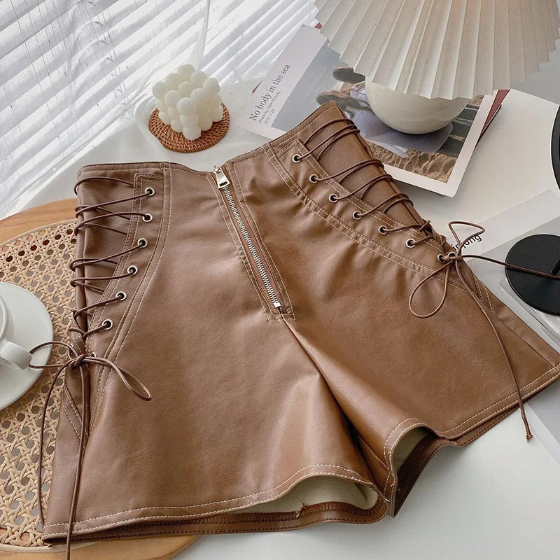 Fashion Girl PU Leather Lace Up Shorts Toddler Teen Child Leather High Waist Shorts Wide Leg Short Pant Baby Clothes 2-16Y 250304