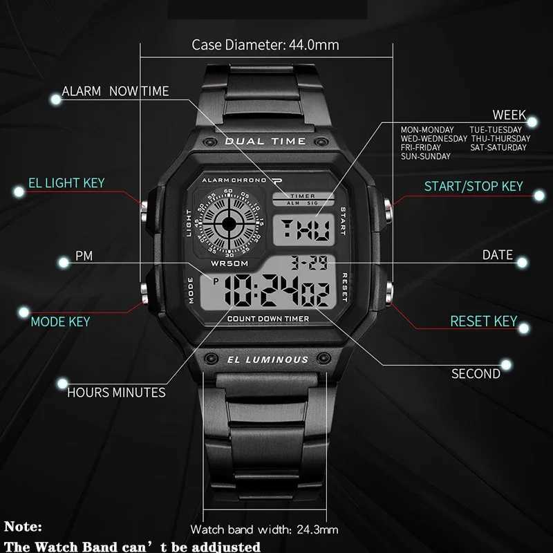 Luxury mens wrist multifunctional LED digital alloy Str classic Busin mens 7-color luminous sports shoesXJ250304