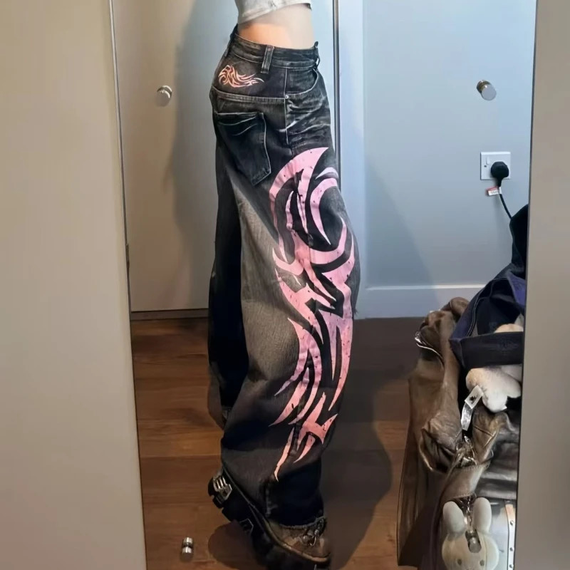 Y2K American Vintage Mottled Totem Print Baggy Jeans High Waist Wide Leg Harajuku Trendy Hiphop 250227