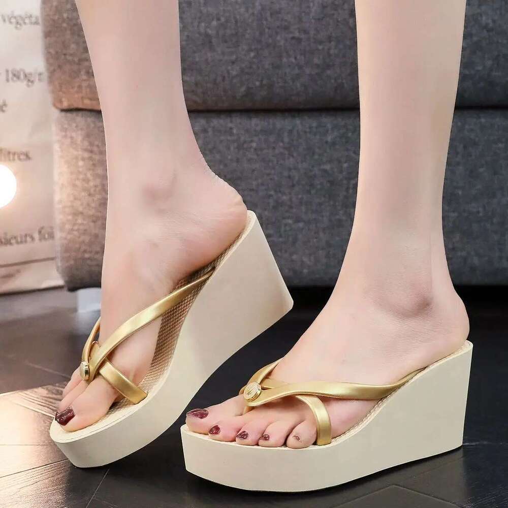Flip-ps Women's Summer Slope Heel Height 8cm French Fashion High-End Beach Resort Swimming Pool Bathroom Anti-Skid Slippers