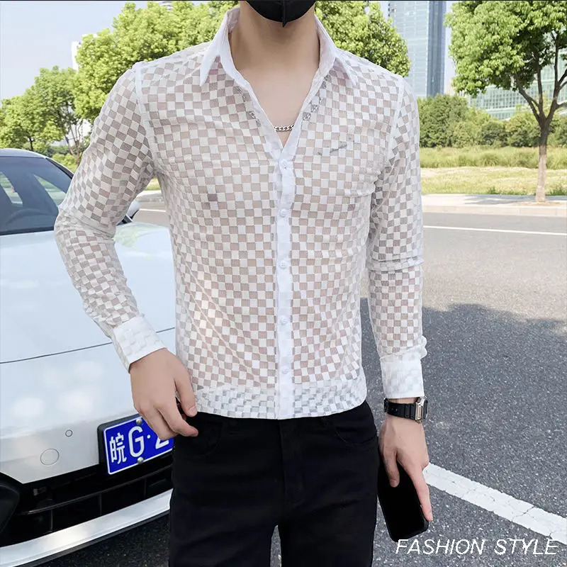 Spring Autumn Fashion Plaid a Peaked Collar Mens Clothing Shirts Long Sleeve Button Hollow Out Slim Korean Chaopai Blouse 250304