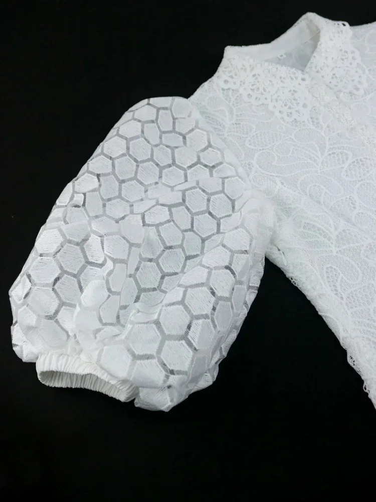 White Lace Dresses for Women Wedding Guests Elegant Turn Down Collar Puff Sleeves Pleated Hem Midi Dress Occasion Clothes 250303