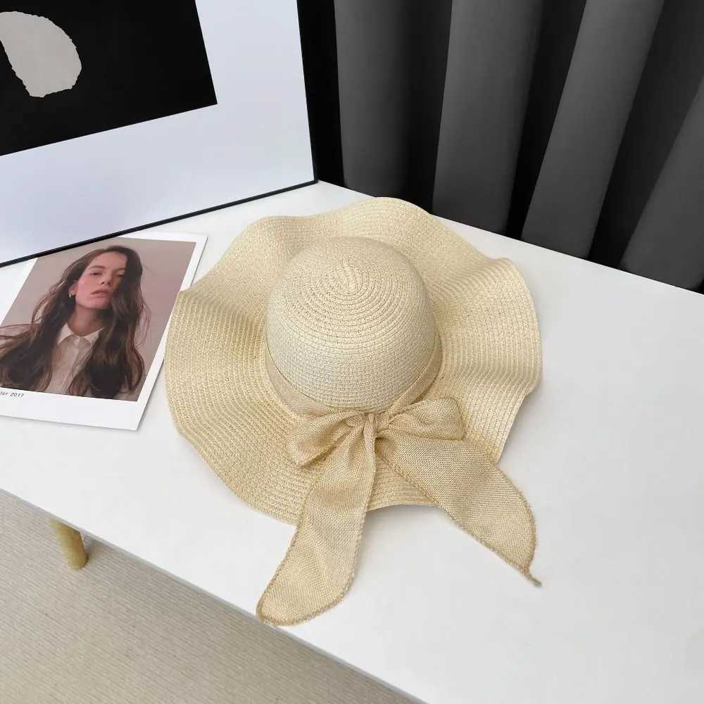 New casual beach hat foldable wide Brim sun hat fashionable travel Str hat sun umbrella C UV protection sun hat C bow ribbon sun hatXJ250304