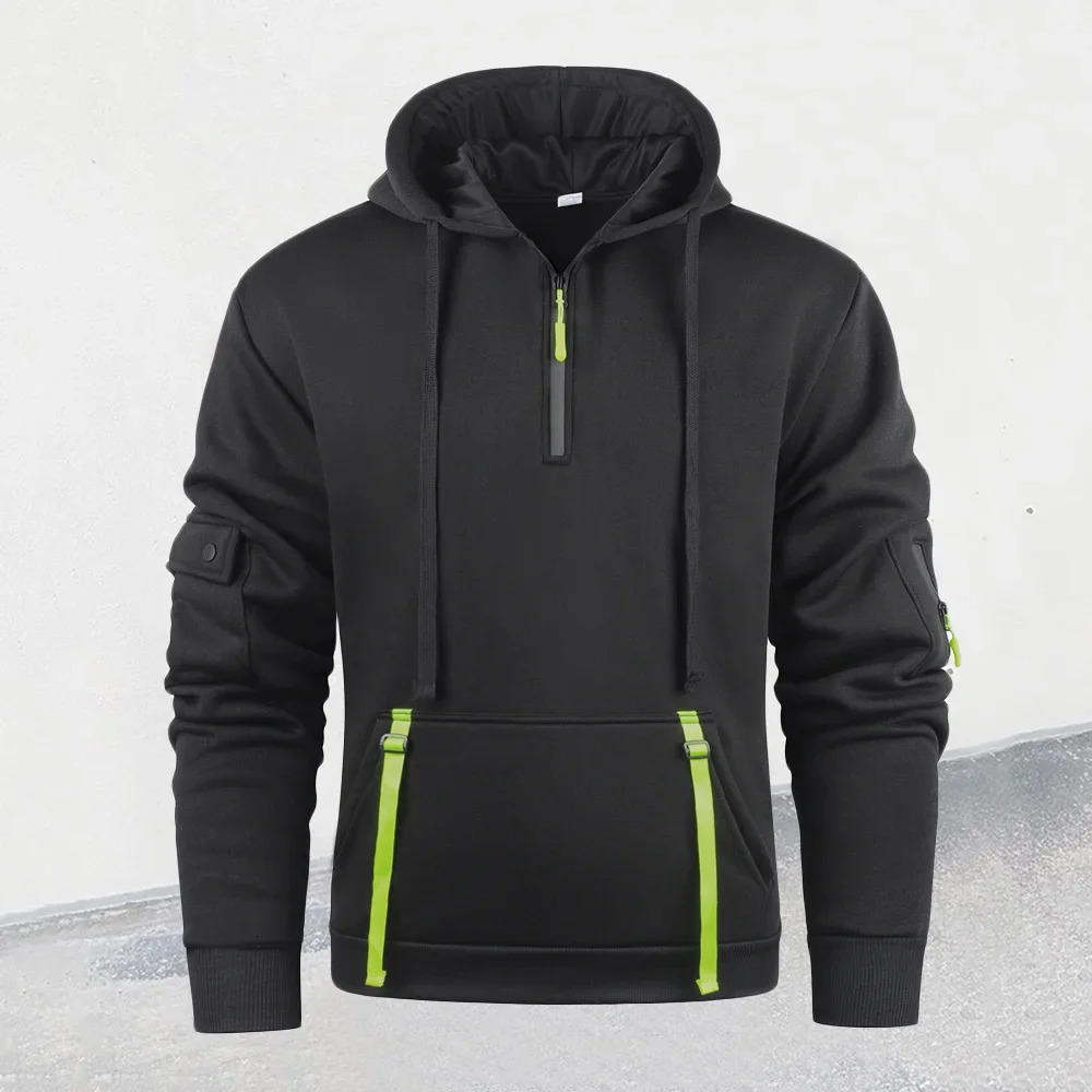 Mens Hooded Sweatshirts Half Zipper Streetwear Autumn Winter Solid Color Pullovers Long Sleeve Fashion Multipockets Tops 250304