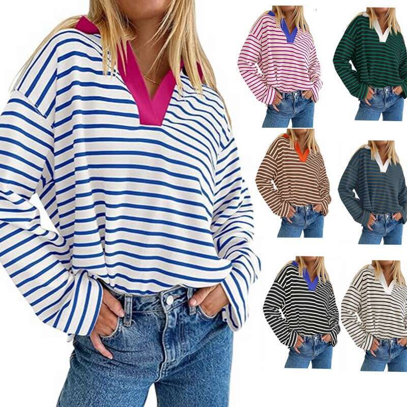 European American autumn and winter striped V-neck contrasting loose long sleeved sweatshirt jacket 2025 new casual versatile fashion clothing
