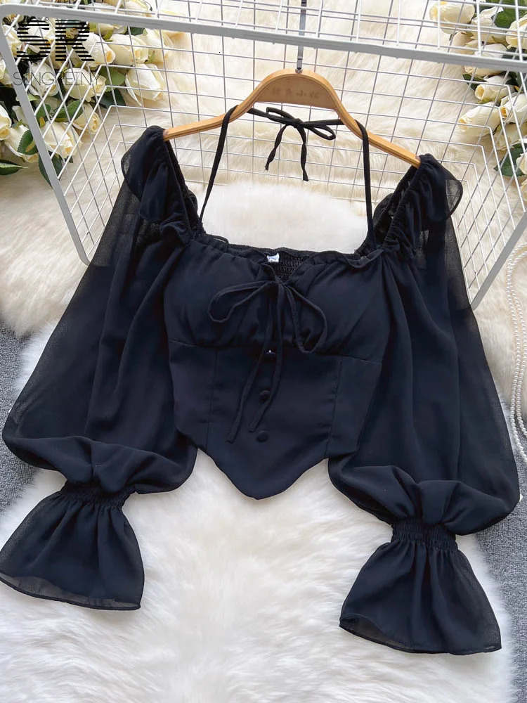 SINGREINY Flare Sleeve Women Tops Ruffle Solid Elastic Waist Halter Backless Chiffon Slim Ladies Harajuku Sexy Short Blouse 250228
