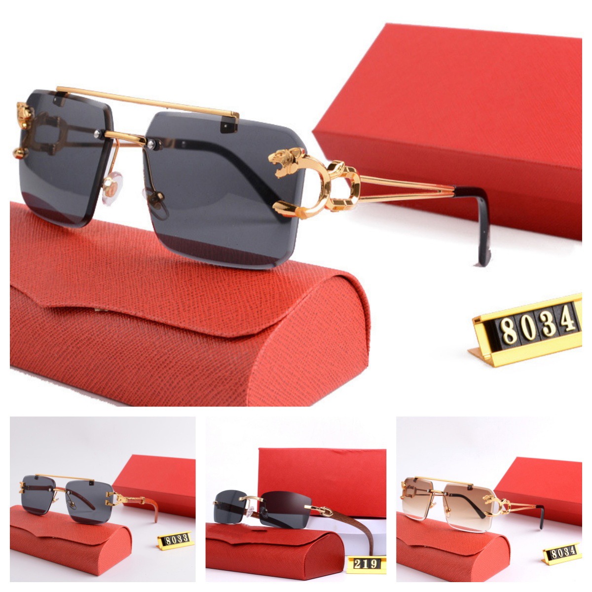 Designer Wooden Leg Sunglasses - Unisex Retro Square Frames (Women & Men), With Logo, Gold Trim & Premium Red Leather Protective Case