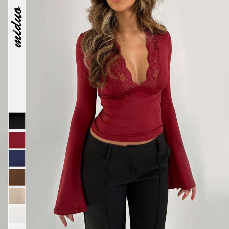 New fashionable V-neck base shirt sexy spicy girl long sleeved slim fit patchwork lace top for women