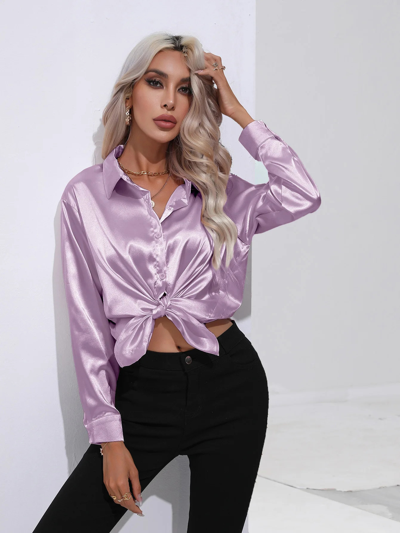Elegant Womens Satin Silk Long Sleeve Shirt AutumnWinter Solid Office Lady Lapel Button Blouse Women Clothing S-XXL 250303