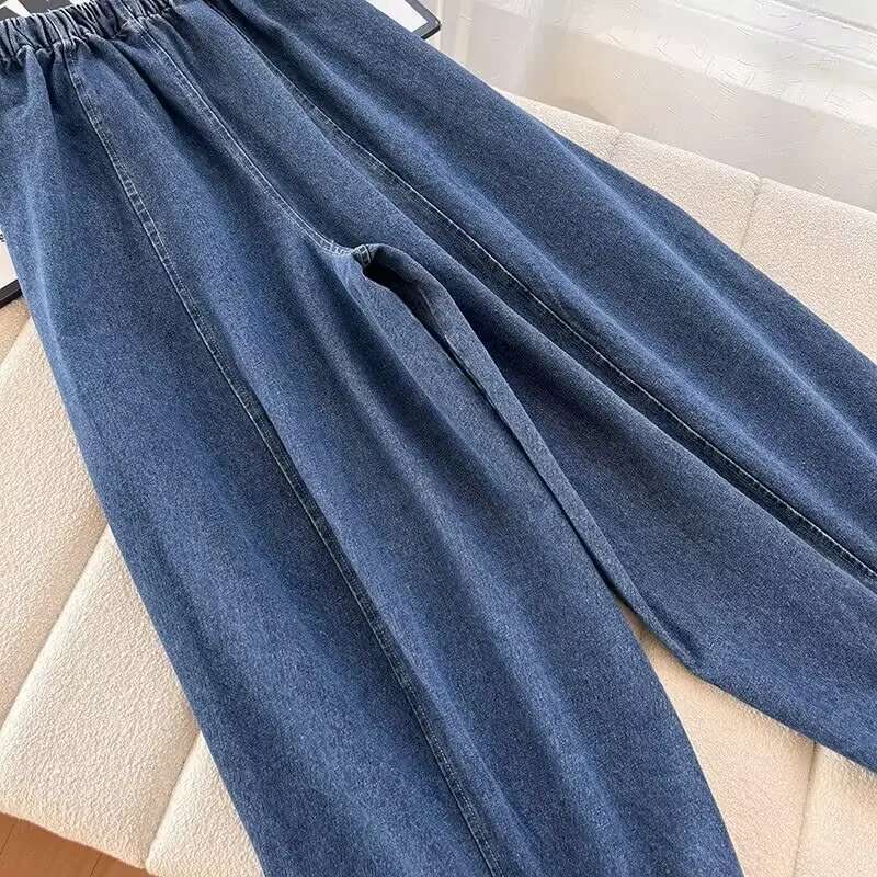 Women's New Fashion Version Loose Side Pocket Casual Pleated Jeans Retro Elastic Waist Drawstring Denim Pants Yaki