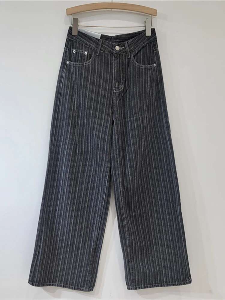 DEAT Women's Jeans High Waist Washed Striped Loose Straight Wide Leg Vintage Causal Denim Pants 2025 Spring New Fashion 29L8450