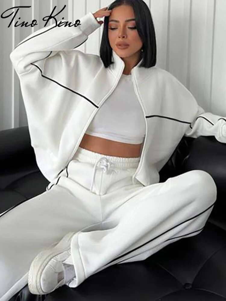 Sport Stripe Sweatshirt Two Piece Set Women White Turtleneck Long Sleeve Elastic Waist Pant Sets Female 2025 Spring Autumn