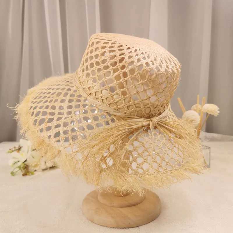 Cutout Str Womens Sun Hat French Style Large Brim Casual Solid Color R-Edge Beach Style Rafia Hat 2021XJ250304
