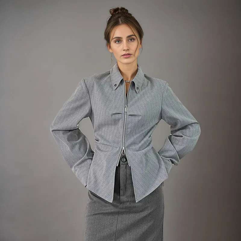 Fashion Black Striped Folds Shirt Women's Lapel Slim Double Zipper Long Sleeve Gray Short Irregular Blouse New Tide