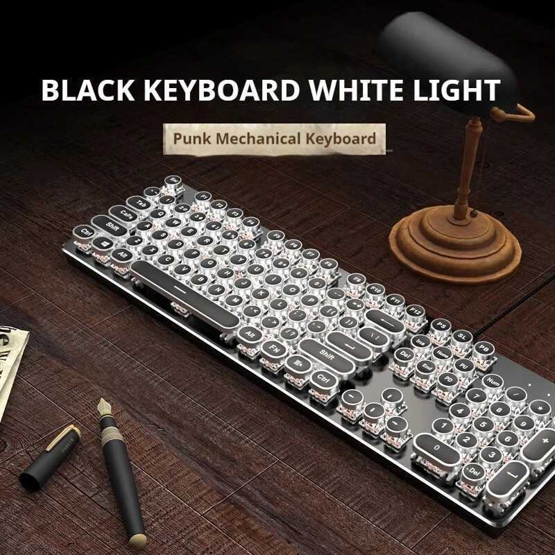 EWEADN TK100 Punk Typewriter Mechanical Gaming Keyboard 104Keys with LED Backlit USB Wired Keyboards for Windows Laptop PC Z250304