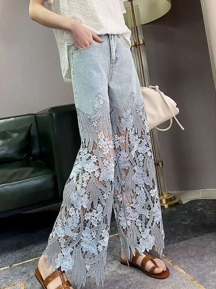 Choose According To Size Chart Hollow Out Lace Panel Wide High Waist Blue Jeans Women's Summer Straight Leg Pants