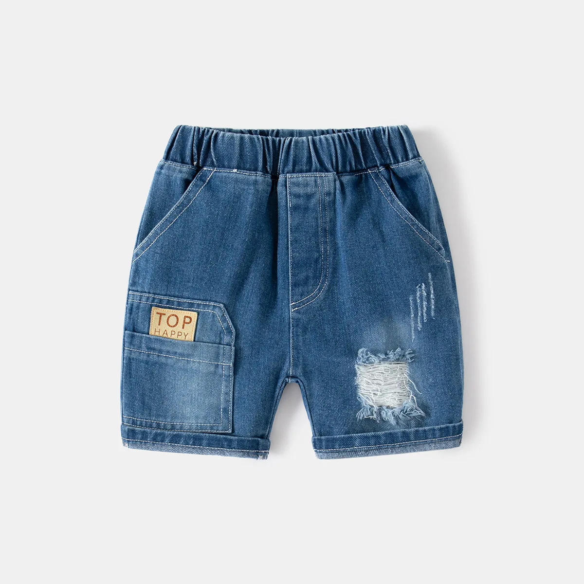 Summer Boys Fashionable Ripped Jeans Children Casual Letter Shorts 28Years Kids Elastic Waistband Denim 250303