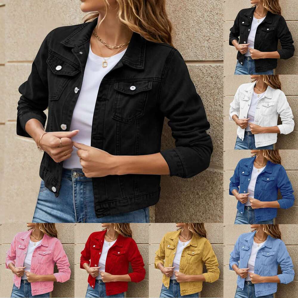 Women Autumn Denim Short Jackets Single Breasted Long Sleeve Turn-Down Collar Jeans Coats