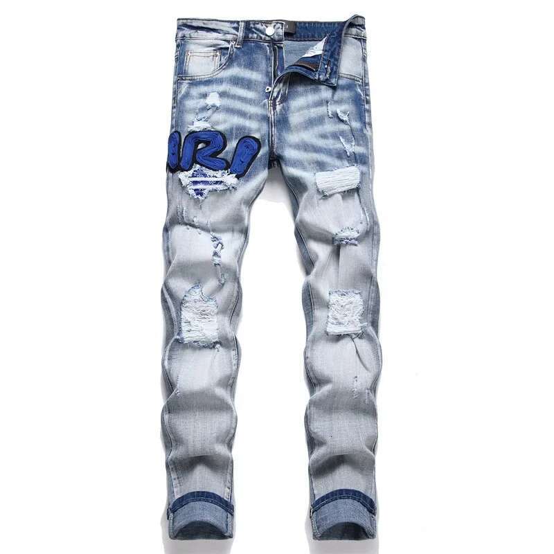 AM Light Blue Jeans Ripped Trend Elastic Slim Fit Small Feet Fashion Versatile Men's Pants