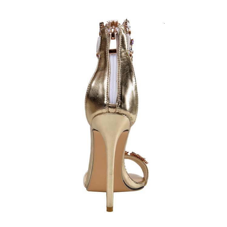 Golden High-Heeled Sandals, Rhinestone Shoes, Flower Back Zipper Women's Shoes