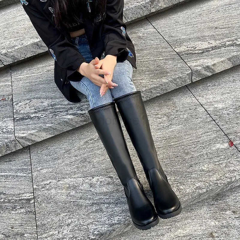 Middle Heel Round Toe Wens Boots Winter Knee High Shaft Black Footwear Biker Long Shoes for Wan Y2k Hot Gyaru S Quality Z250304