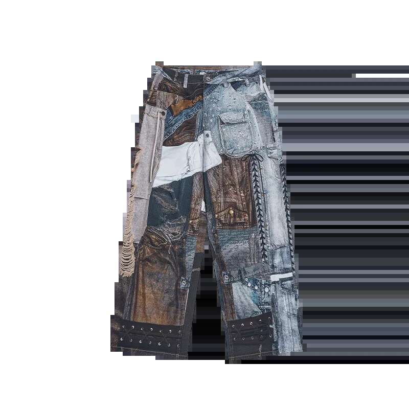 American Street Vintage Patchwork Digital Printed Jeans Male And Female Trendy Brand Loose Wide Leg Fashion High-End Trousers