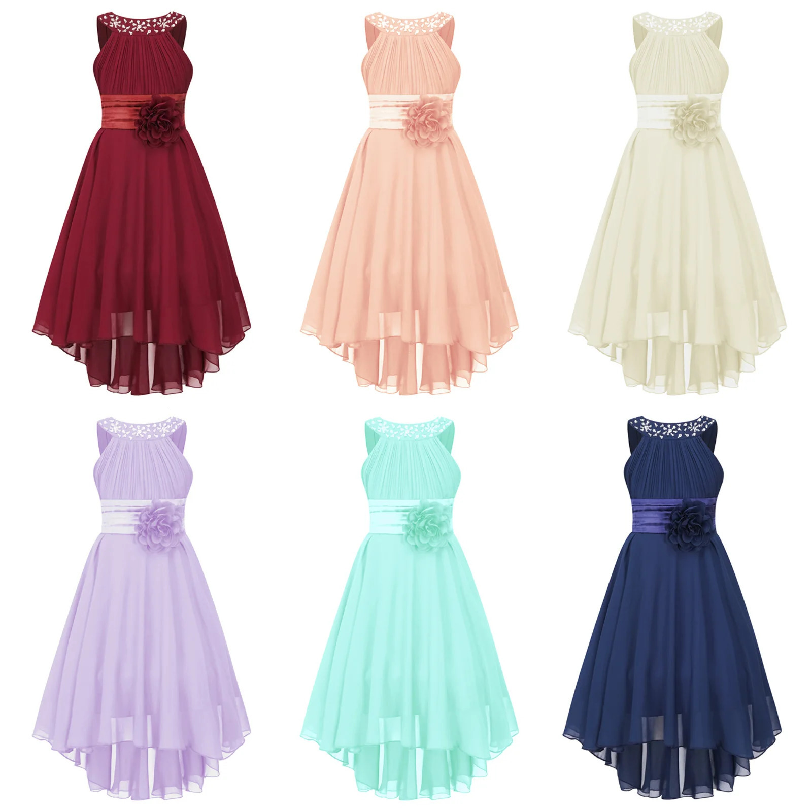 Kids Wedding Flower Girls Party Dress Sleeveless Ruched Shiny Beaded Hilow Hem Elegant Chiffon for Birthday Evening Prom 250303