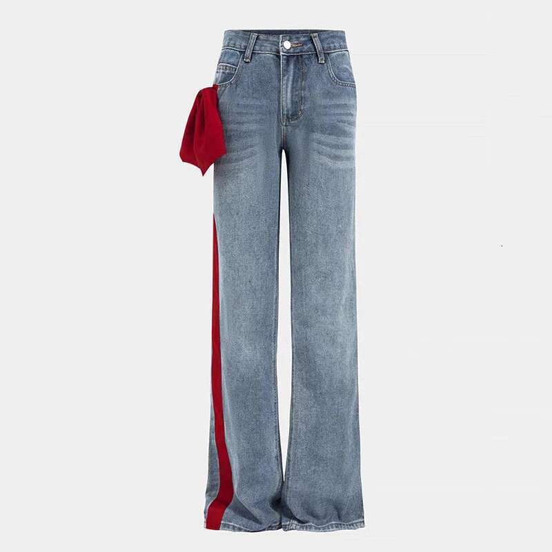 Fashion Contrast Color Bow Jeans Women's High Waist Versatile Slim Straight Casual Denim Pants Tide New