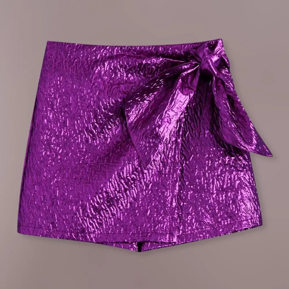 Women Shorts Spring Autumn Mini Skirt Style High Waist Ruffle Bowknot Solid Color Glossy Female Casual Short Pants Trousers 250303