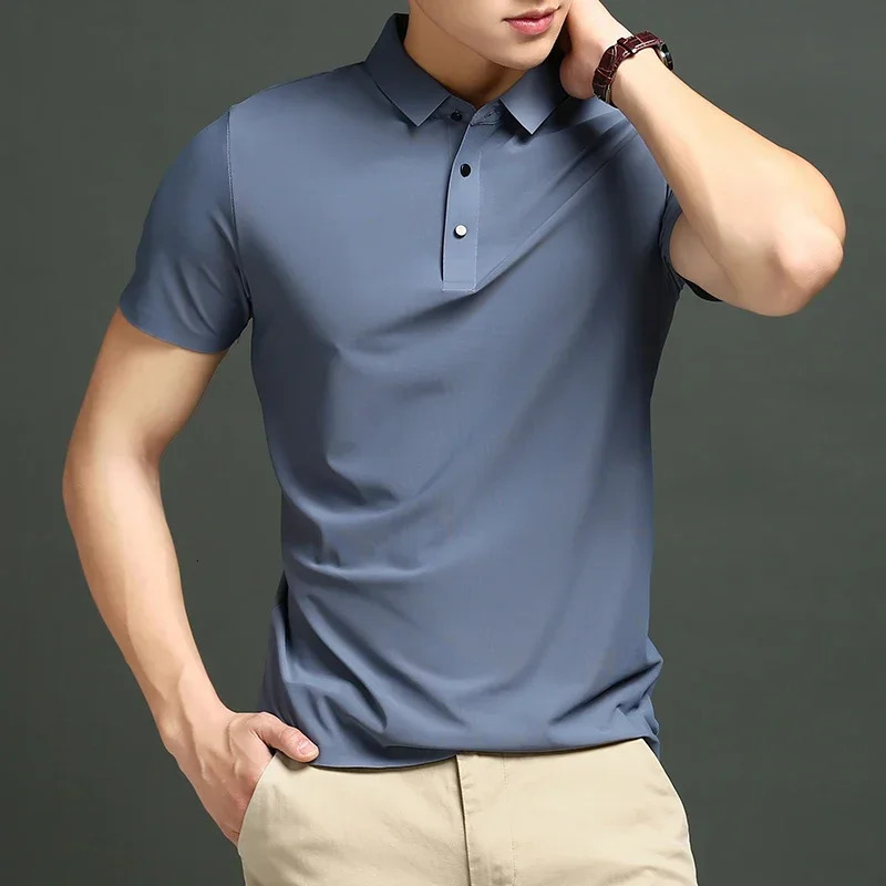Summer T-shirt Short Sleeve Stretch Ice Silk Polo Shirt Men Business Casual Lapels Slim-Fitting Seamless Mercerized Thin Top Men 250304