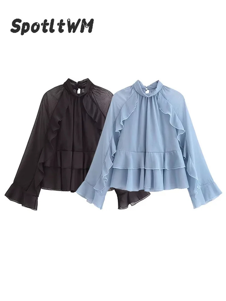 Fashion Temperament Women Ruffle Edge Blouse Chic Stand Up Collar Long Sleeved Shirt Top Spring Elegant Lady Short Tops 250228
