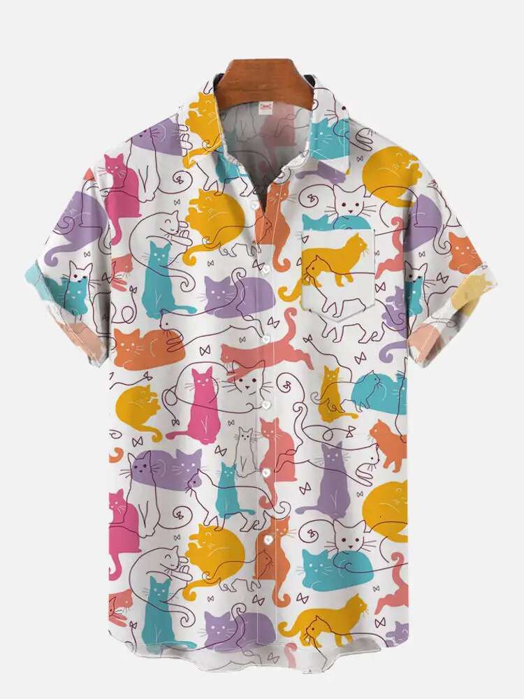 Men's Designer Shirt Summer New Cute Cat Print Casual Shirt Daily Wear 3D Printed Classic Short Sleeved Fashionable Hawaiian Shirt Men's Bea