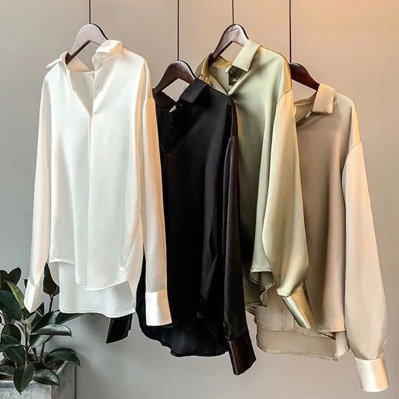 Women Autumn Shirt Vintage Satin Blouse Long Sleeve Button Down Silky Shirt Work Office Top Ladies Casual Shirt 250303