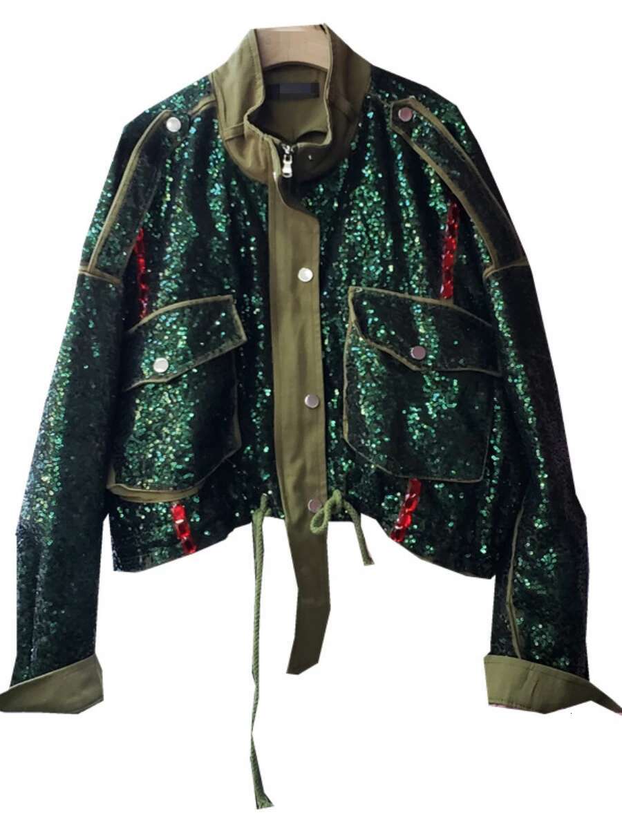 Heavy Industry Green Sequins Overalls Jacket Female 2023 Spring Autumn New Women Clothes High-Grade Big Pocket Cropped Coat Tide