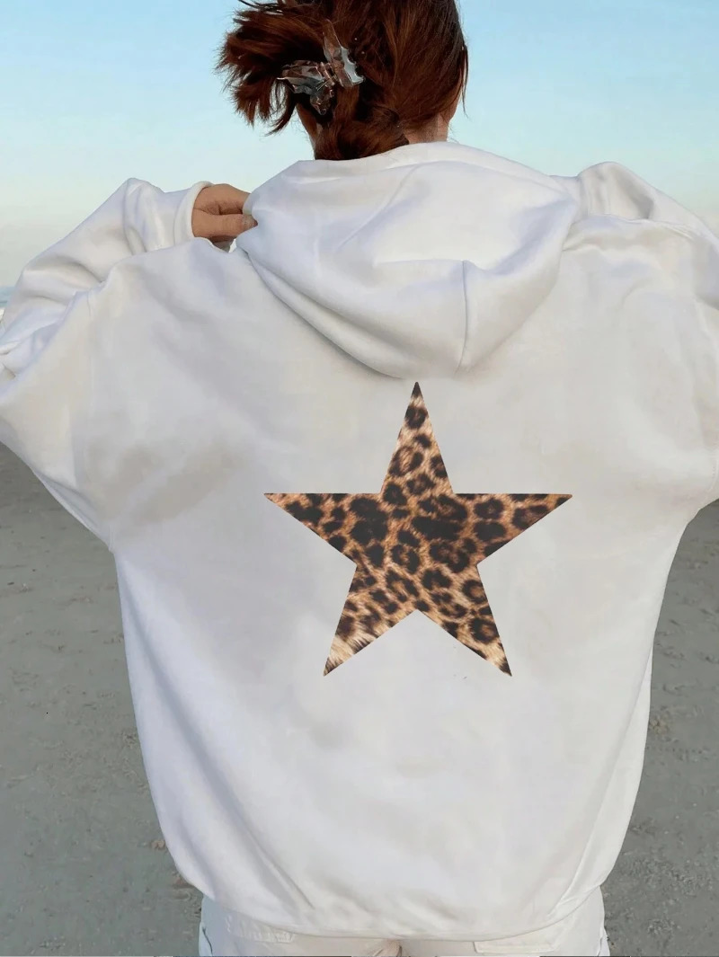 Casual Womans Hoodies Leopard Pentagram Pattern Printing Pullovers Loose Pocket Warm Fleece Sweatshirts Autumn Female Clothing 250304