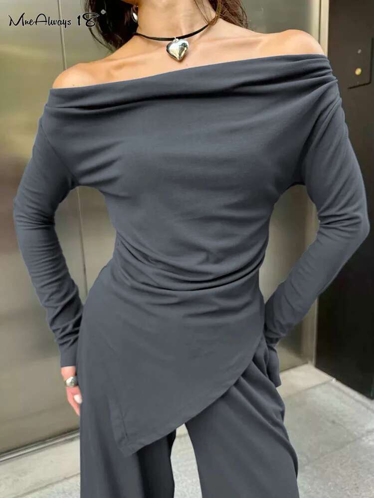 Gray Office Knitwear Pants Sets Women Slash Neck Tees And Wide Legs Trousers Solid Two Pieces Suits Spring 2024 Lady