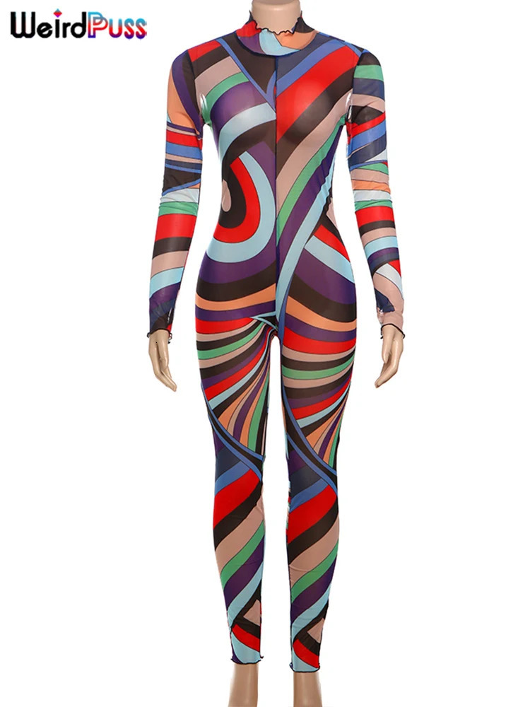 Weird Puss Sexy Colorful Print Jumpsuit Women Mesh Zip Y2K Full Sleeve O-Neck Turtleneck Trend Skinny Stretch Workout Overalls 250303
