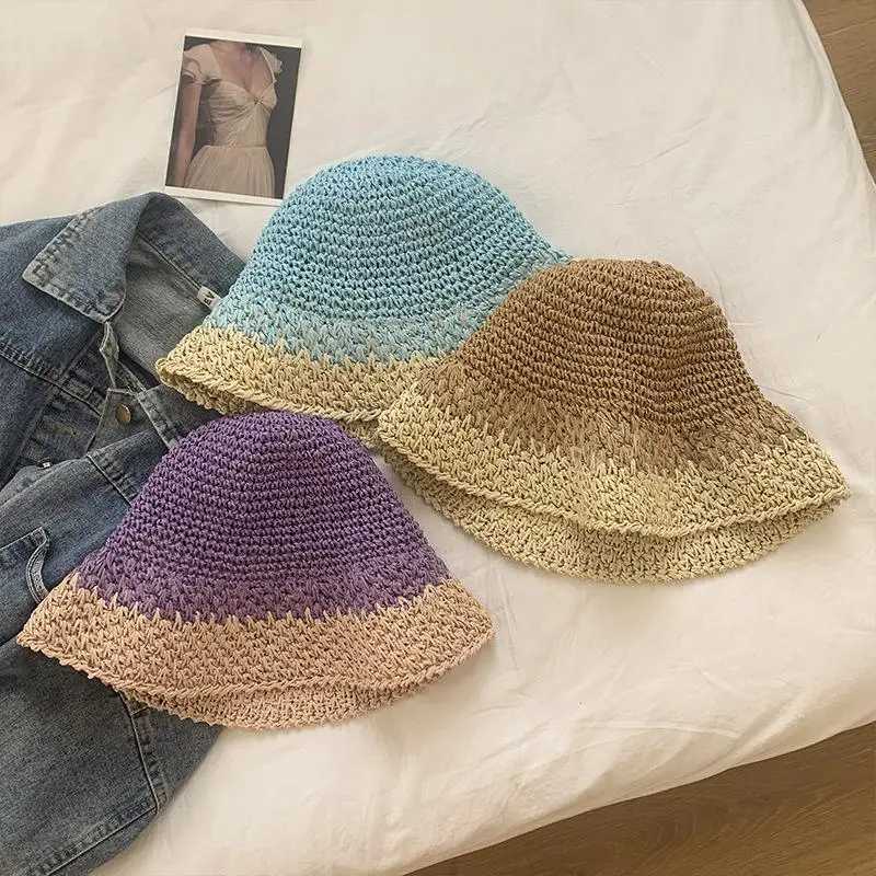 Women Spring Summer Breathable Sun Handmade Crochet Contrast Stripe Fresh Colors Per Bucket Str HatXJ250304