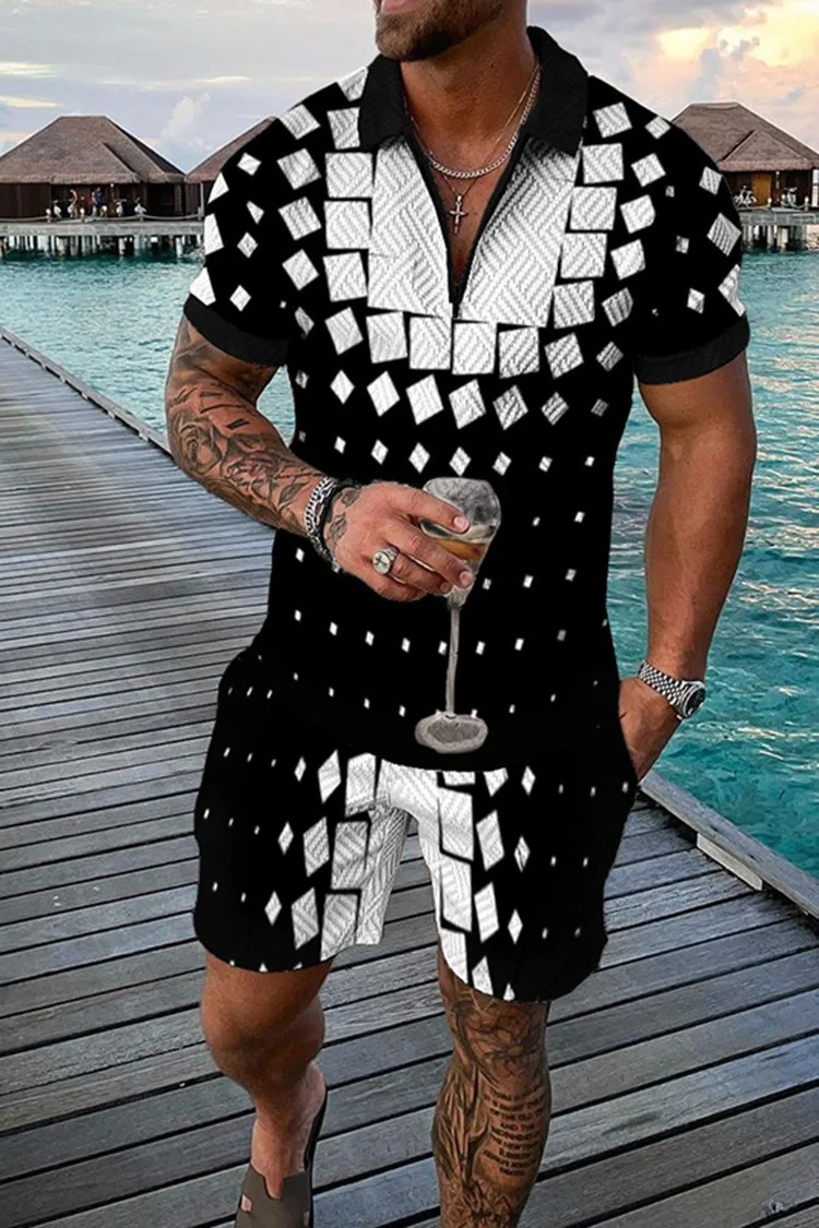 Summer Trend Mens Sweatsuit set Black And White Spot Gradient 3D Print Casual Zipper Polo Shirt Shorts 2pcs Sets Man Clothing 250304